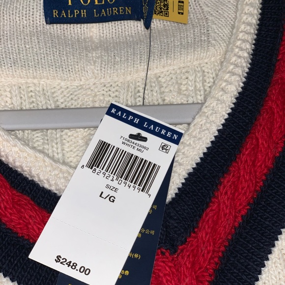 🆕 Polo Ralph Lauren V-Neck Sweater Size Large Color: Off white/Red/Navy Blue - Picture 4 of 4
